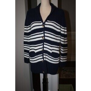 Women's Land's End Chunky Knit Cardigan Sweater Navy/White Sz M